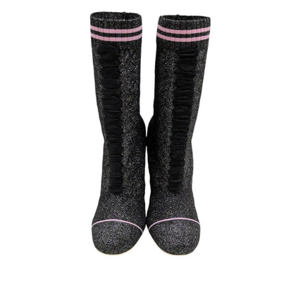 FENDI Sock Boots Shoes EU 38 US 8 Black Silver Authentic