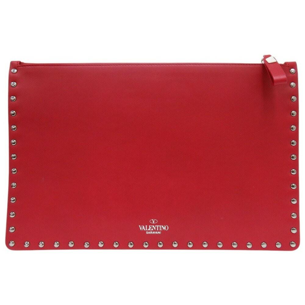 Valentino Garavani Clutch Bag Second Bag Rockstuds Leather Red Authentic
