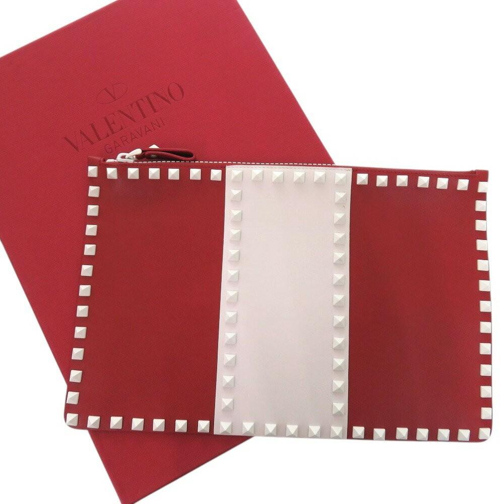 Valentino Garavani Clutch Bag Second Bag Rockstuds Leather Red Authentic
