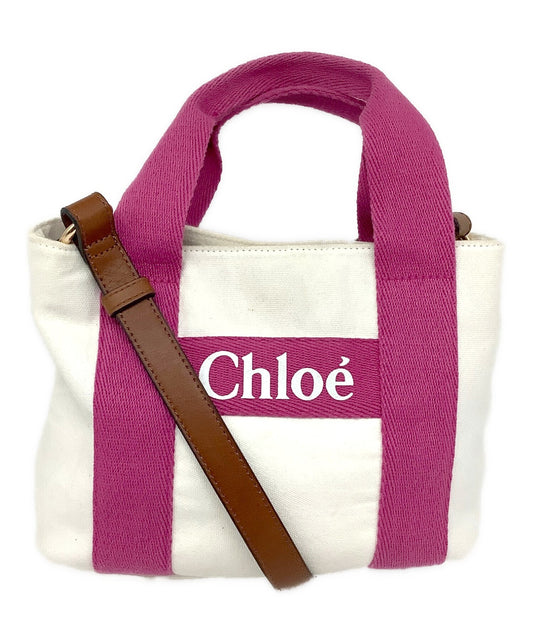 Chloe Hand Bag Tote Purse 2way Cotton White Pink Authentic