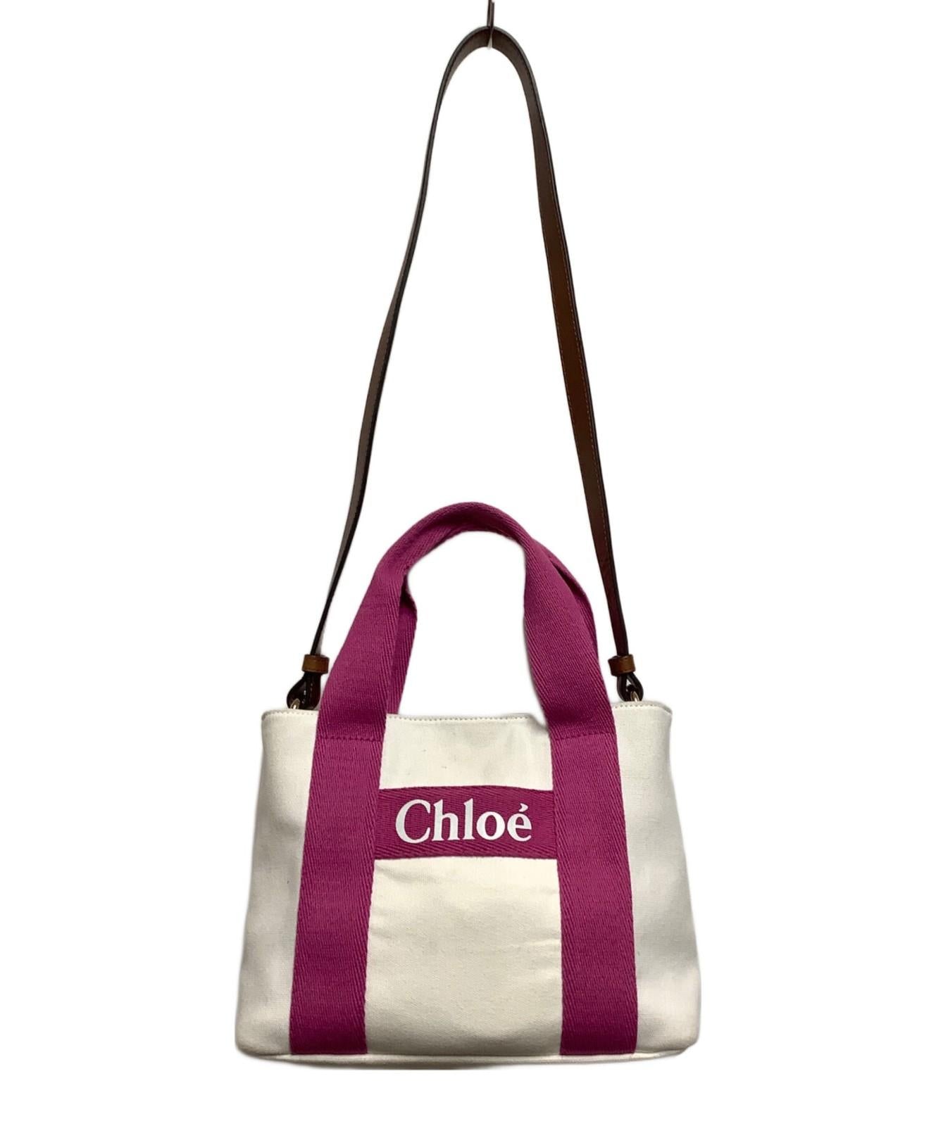 Chloe Hand Bag Tote Purse 2way Cotton White Pink Authentic