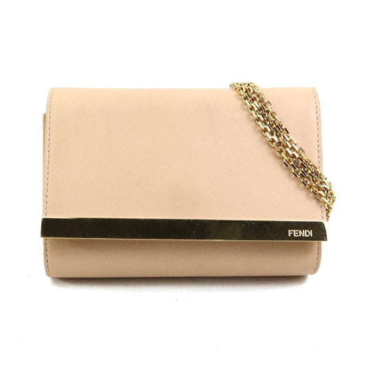 FENDI Shoulder Bag Purse Leather Metal Pink Beige Gold Authentic