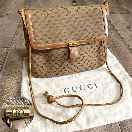 GUCCI Purse Micro GG Canvas Mini Shoulder Bag Beige Gold Used Unisex Authentic