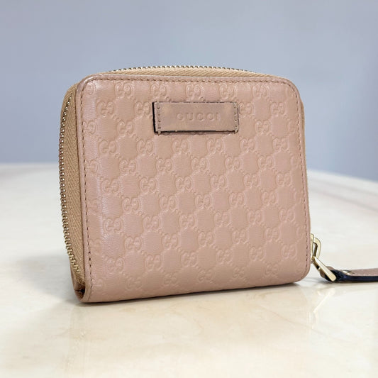 GUCCI Wallet GG Monogram Shima Bi-fold Flap Compact Pink Leather Authentic Used