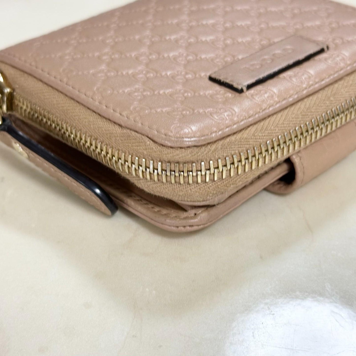 GUCCI Wallet GG Monogram Shima Bi-fold Flap Compact Pink Leather Authentic Used