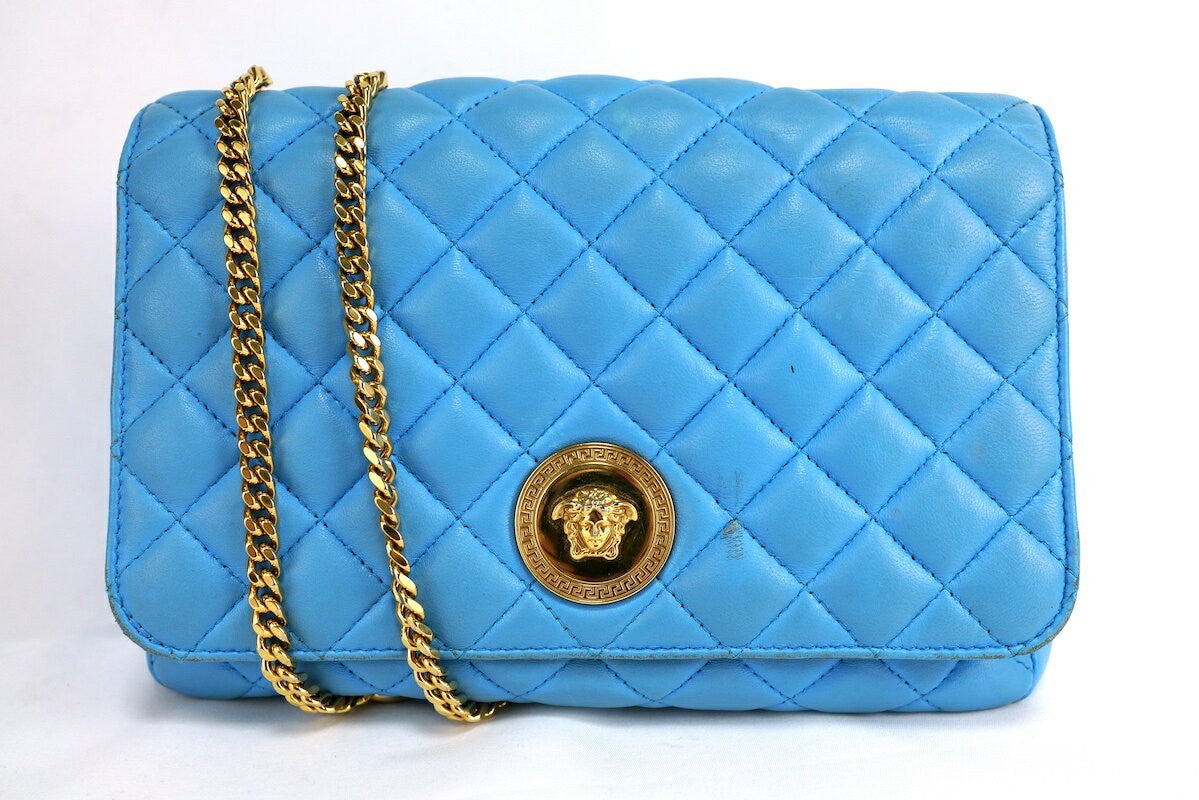 VERSACE Shoulder Bag Purse Chain Medusa Quilting Leather Blue Authentic