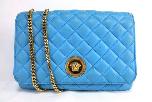 VERSACE Shoulder Bag Purse Chain Medusa Quilting Leather Blue Authentic