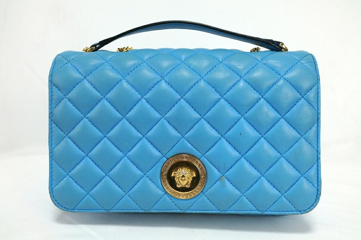 VERSACE Shoulder Bag Purse Chain Medusa Quilting Leather Blue Authentic