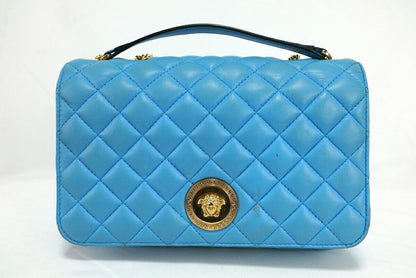 VERSACE Shoulder Bag Purse Chain Medusa Quilting Leather Blue Authentic