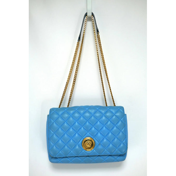 VERSACE Shoulder Bag Purse Chain Medusa Quilting Leather Blue Authentic