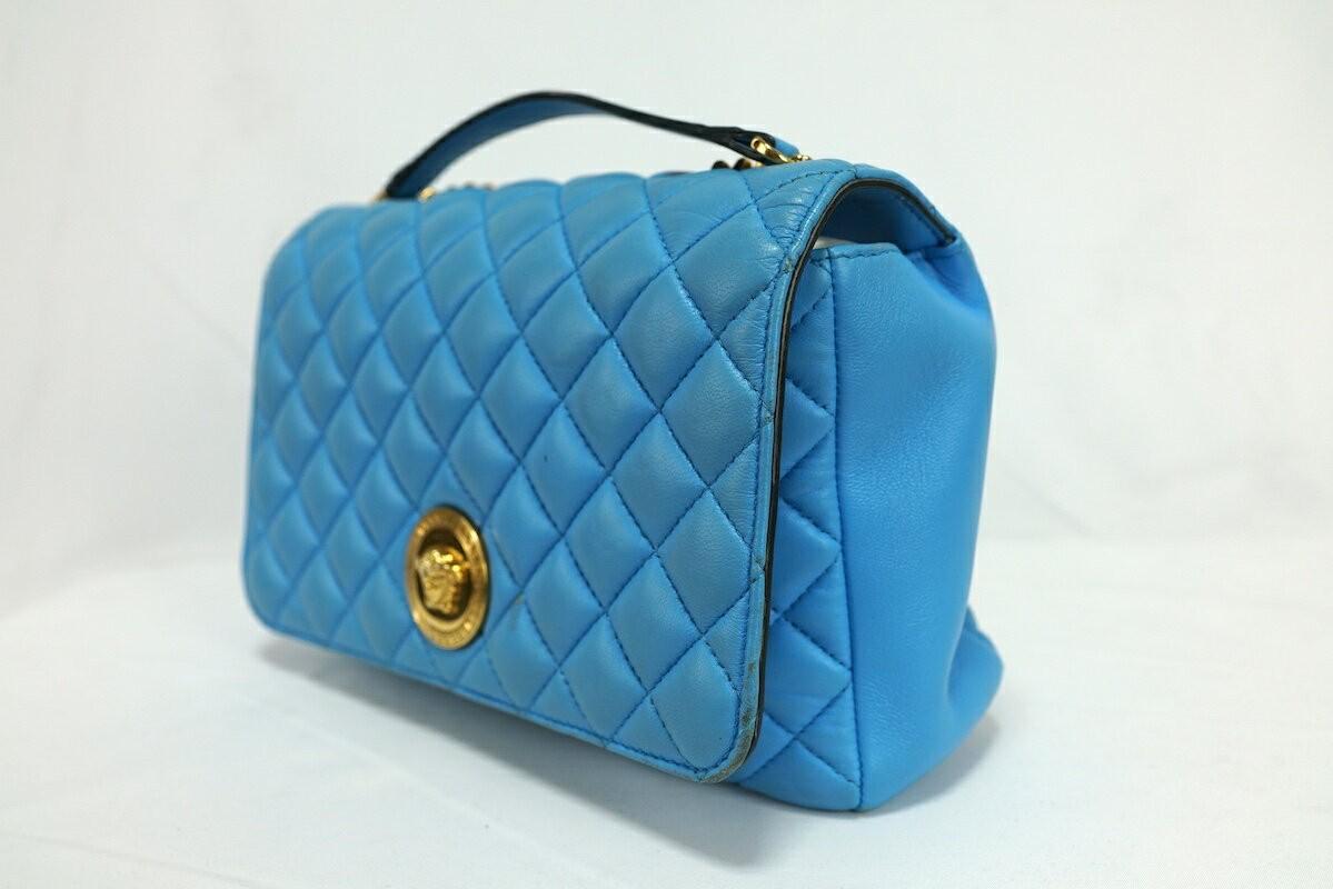 VERSACE Shoulder Bag Purse Chain Medusa Quilting Leather Blue Authentic