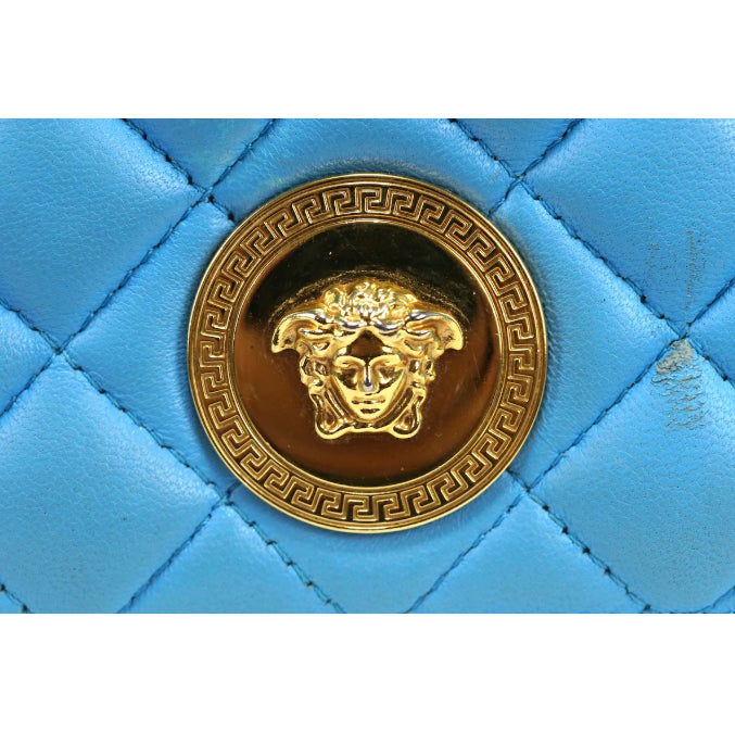 VERSACE Shoulder Bag Purse Chain Medusa Quilting Leather Blue Authentic