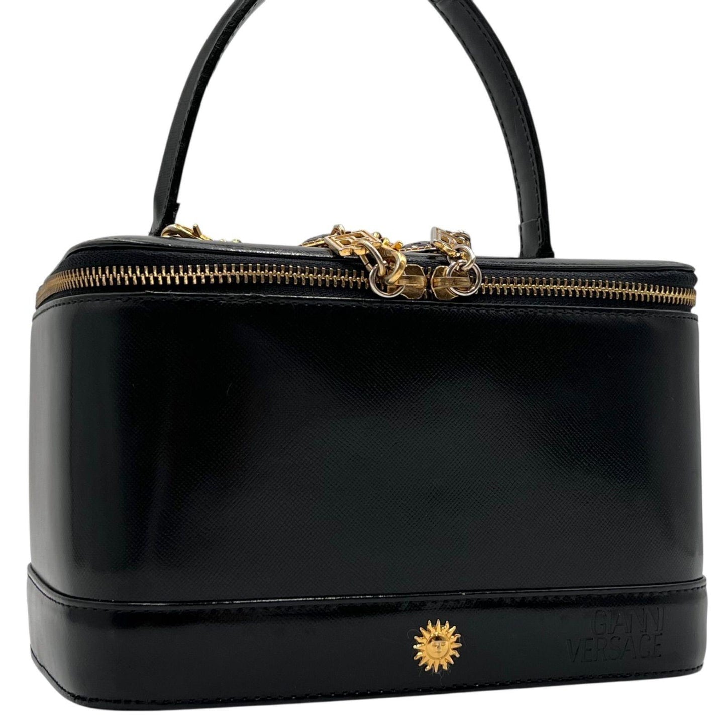 VERSACE Vanity Bag Accessory Pouch Hand Pouch Sunburst Leather Black Authentic