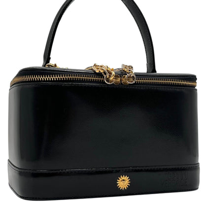 VERSACE Vanity Bag Accessory Pouch Hand Pouch Sunburst Leather Black Authentic