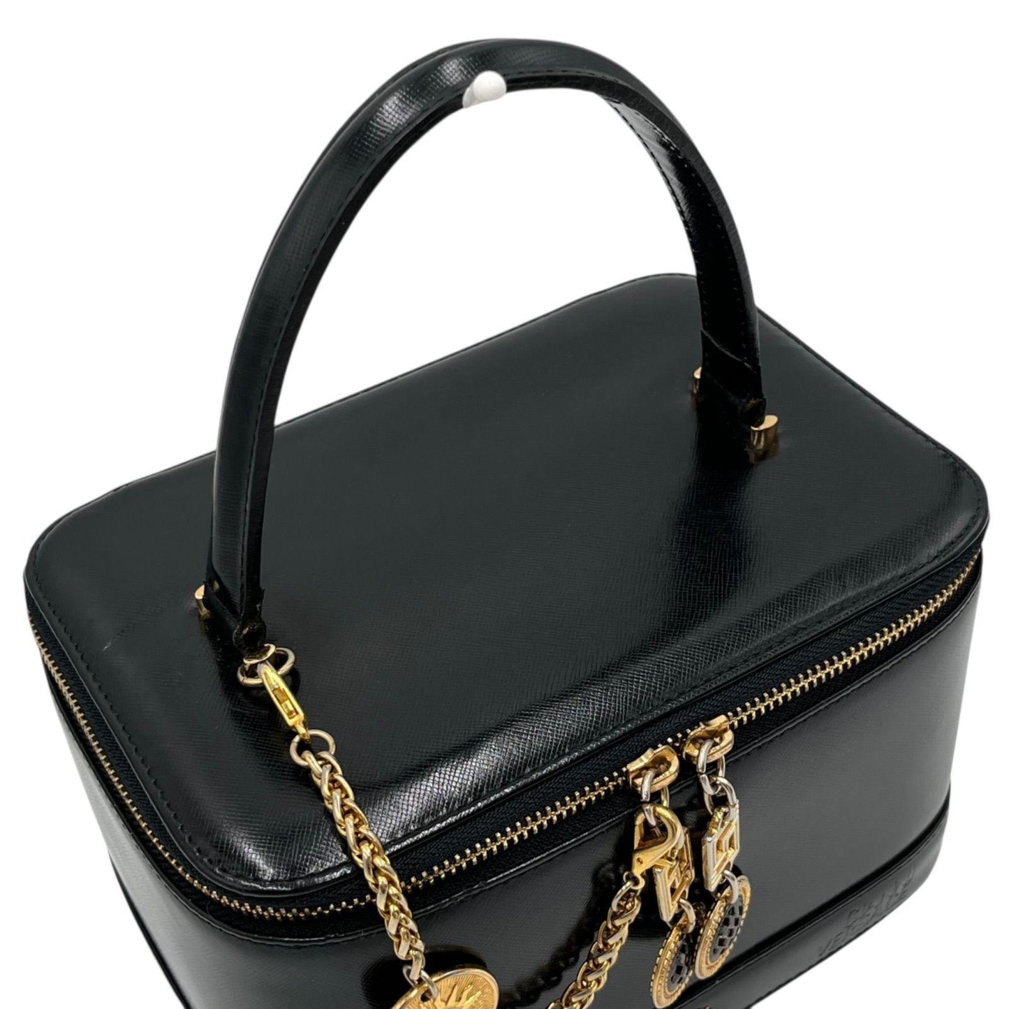 VERSACE Vanity Bag Accessory Pouch Hand Pouch Sunburst Leather Black Authentic