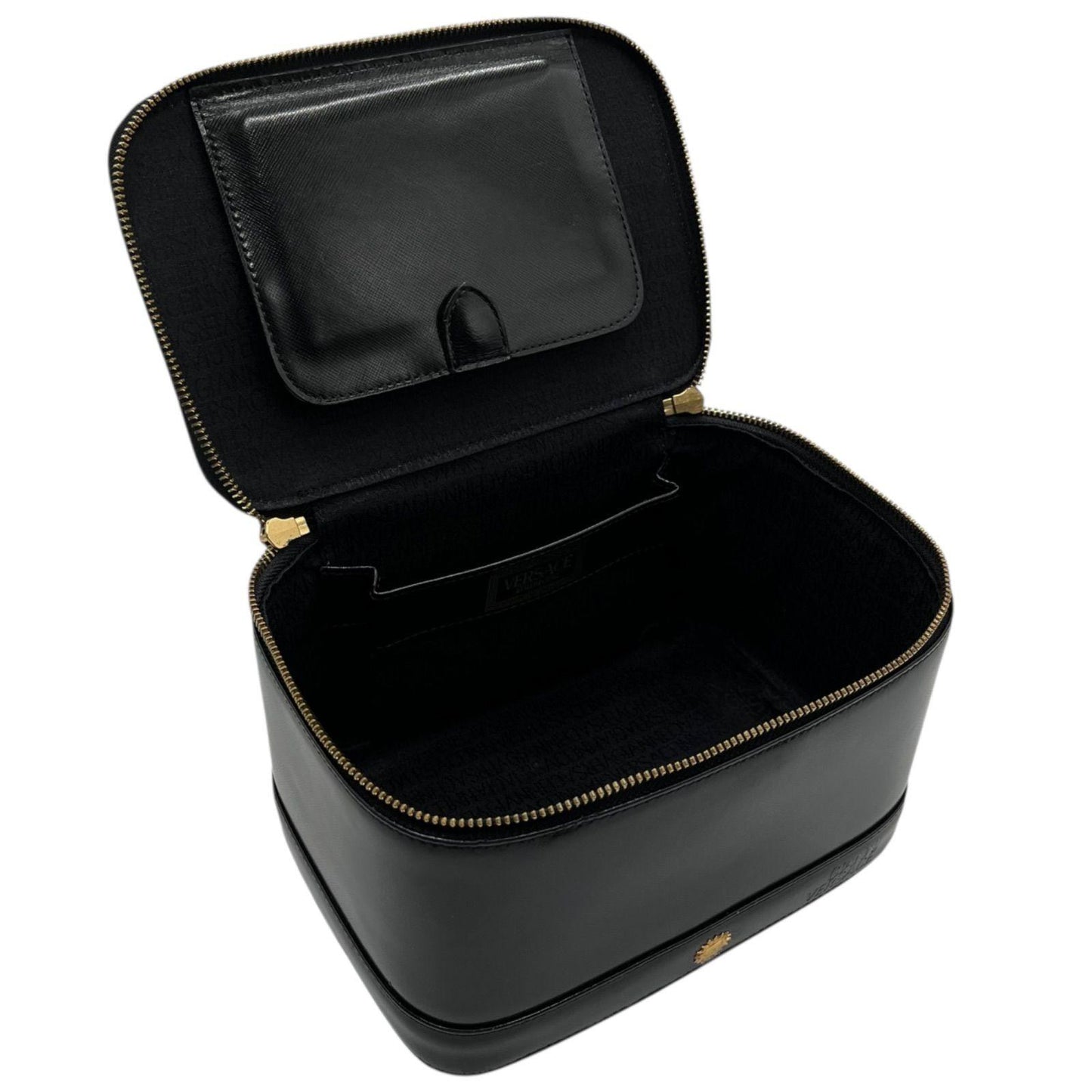 VERSACE Vanity Bag Accessory Pouch Hand Pouch Sunburst Leather Black Authentic