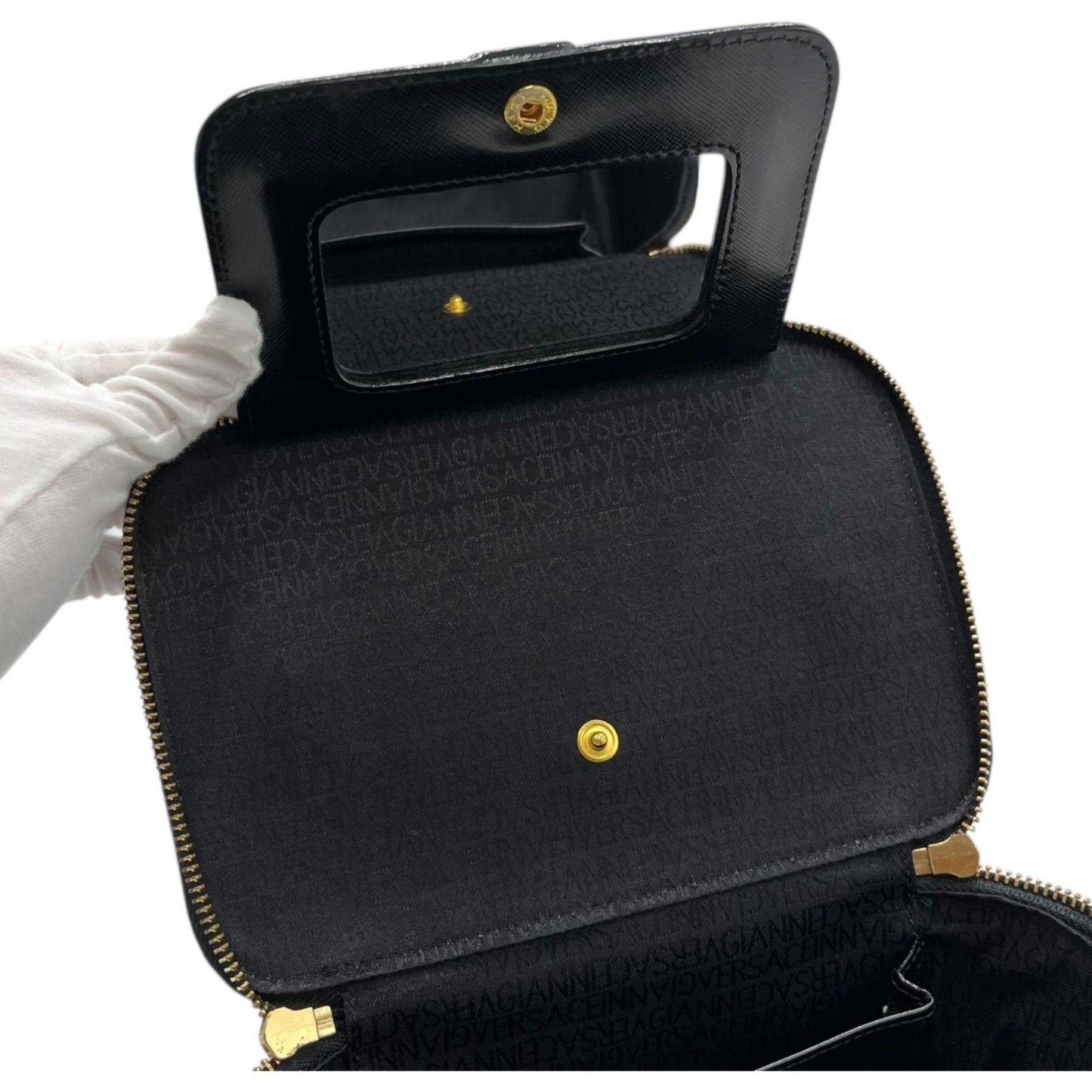 VERSACE Vanity Bag Accessory Pouch Hand Pouch Sunburst Leather Black Authentic