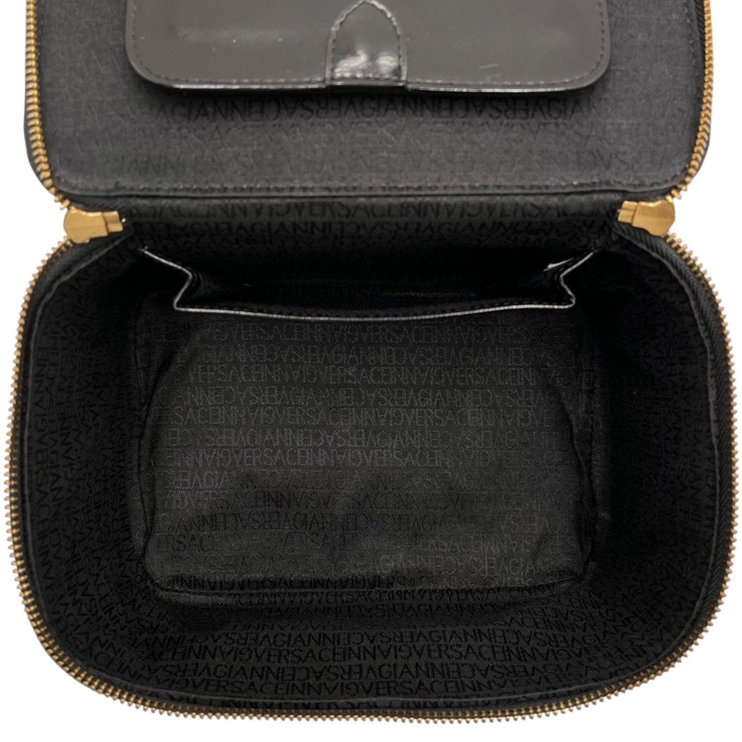 VERSACE Vanity Bag Accessory Pouch Hand Pouch Sunburst Leather Black Authentic