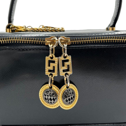 VERSACE Vanity Bag Accessory Pouch Hand Pouch Sunburst Leather Black Authentic