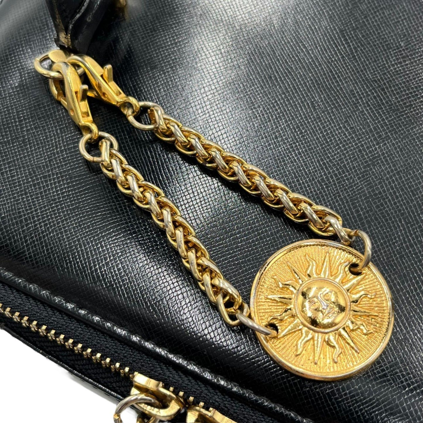 VERSACE Vanity Bag Accessory Pouch Hand Pouch Sunburst Leather Black Authentic