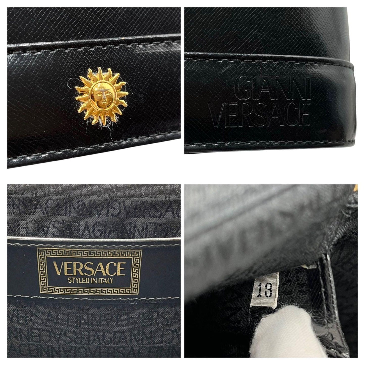 VERSACE Vanity Bag Accessory Pouch Hand Pouch Sunburst Leather Black Authentic