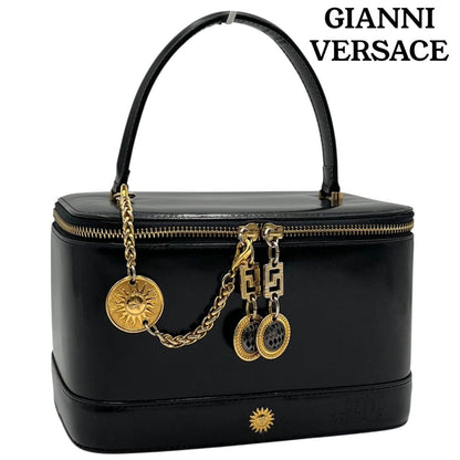 VERSACE Vanity Bag Accessory Pouch Hand Pouch Sunburst Leather Black Authentic