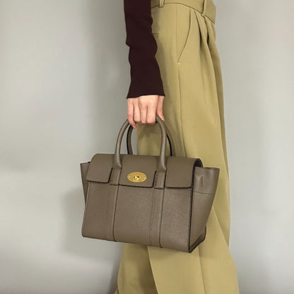 MULBERRY Bayswater Handbag Shoulder Bag Purse Gray beige Leather Used Authentic