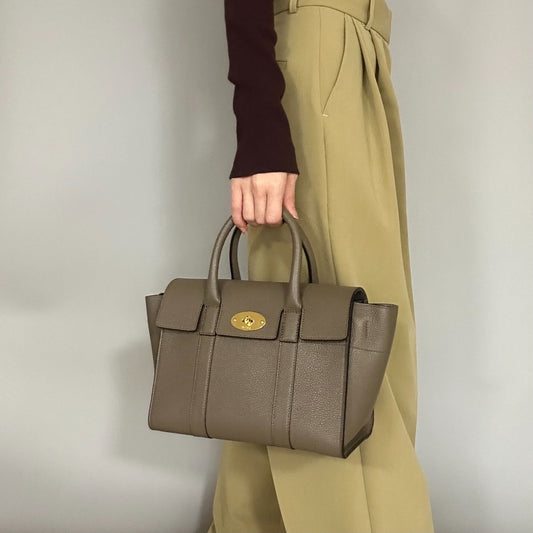 MULBERRY Bayswater Handbag Shoulder Bag Purse Gray beige Leather Used Authentic