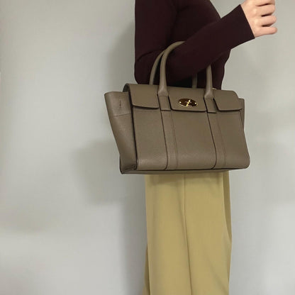 MULBERRY Bayswater Handbag Shoulder Bag Purse Gray beige Leather Used Authentic