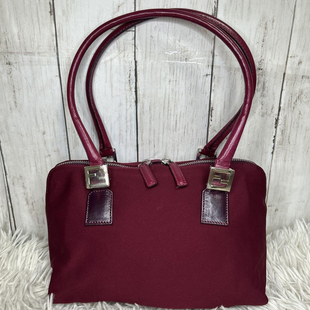 FENDI Hand Bag Tote Purse FF Baguette Leather Red Bordeaux Authentic