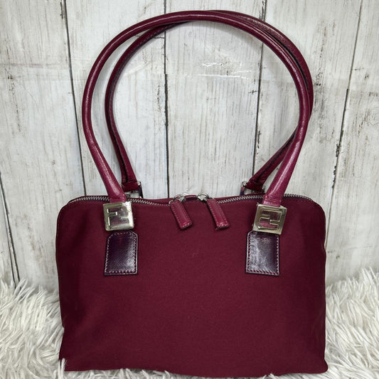 FENDI Hand Bag Tote Purse FF Baguette Leather Red Bordeaux Authentic