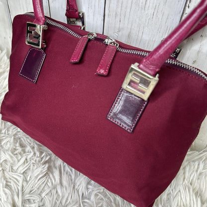 FENDI Hand Bag Tote Purse FF Baguette Leather Red Bordeaux Authentic