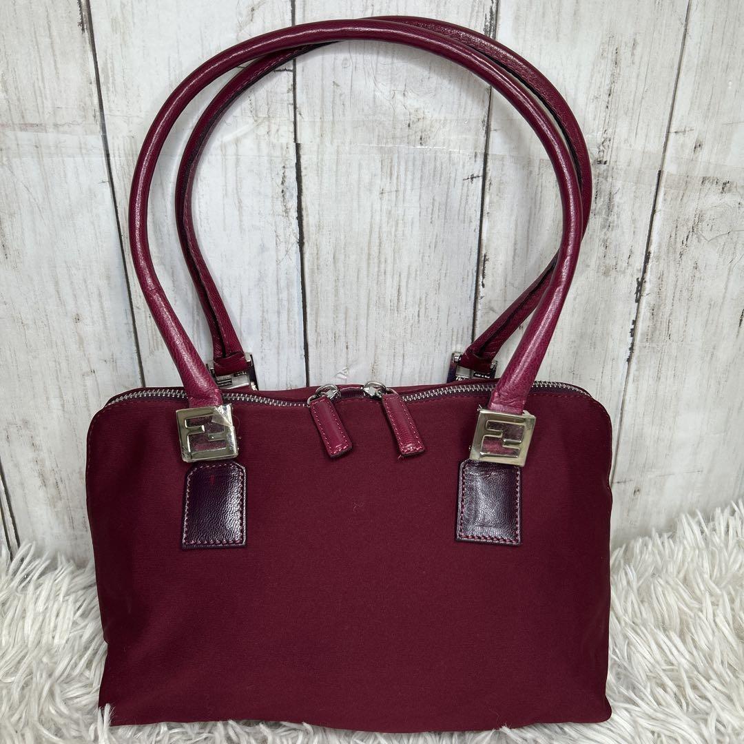 FENDI Hand Bag Tote Purse FF Baguette Leather Red Bordeaux Authentic