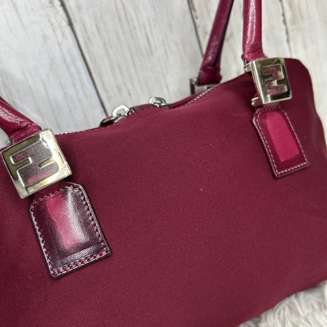 FENDI Hand Bag Tote Purse FF Baguette Leather Red Bordeaux Authentic