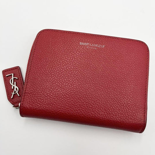 Saint Laurent Bi-fold Wallet Flap Compact Purse Logo Leather Red Auth