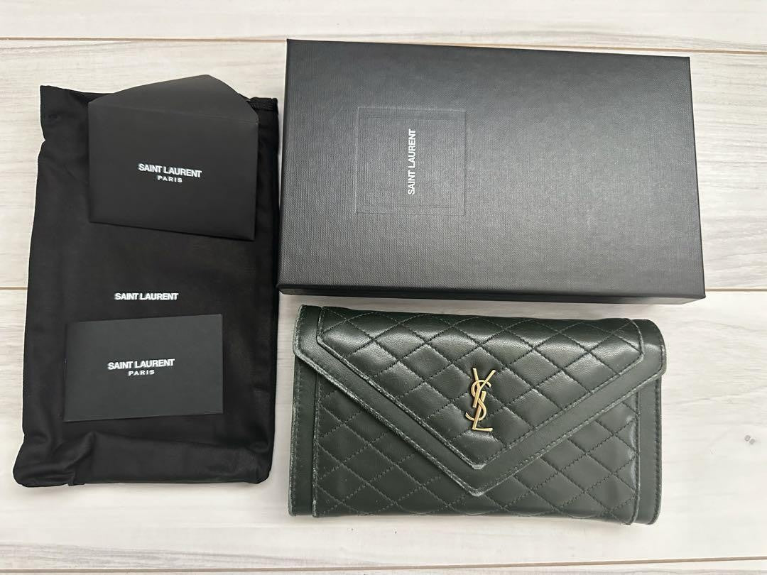 Saint Laurent Flap Wallet Long Purse YSL Cassandra Quilting Khaki Authentic