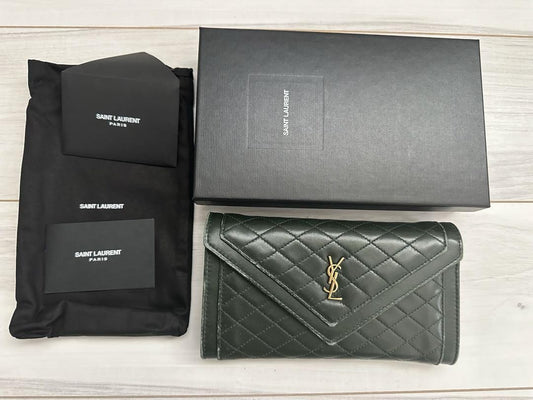 Saint Laurent Flap Wallet Long Purse YSL Cassandra Quilting Khaki Authentic