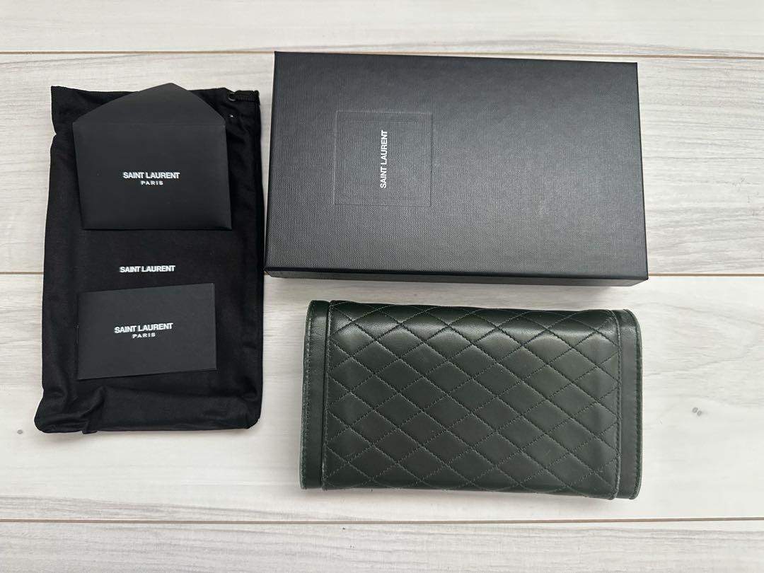 Saint Laurent Flap Wallet Long Purse YSL Cassandra Quilting Khaki Authentic
