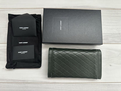 Saint Laurent Flap Wallet Long Purse YSL Cassandra Quilting Khaki Authentic