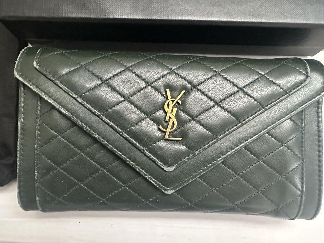 Saint Laurent Flap Wallet Long Purse YSL Cassandra Quilting Khaki Authentic
