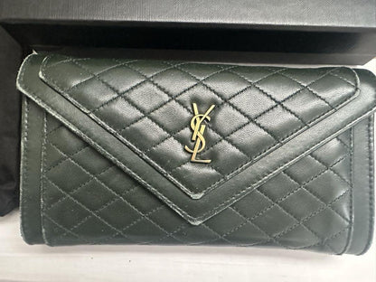 Saint Laurent Flap Wallet Long Purse YSL Cassandra Quilting Khaki Authentic
