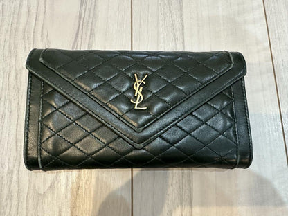 Saint Laurent Flap Wallet Long Purse YSL Cassandra Quilting Khaki Authentic