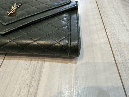 Saint Laurent Flap Wallet Long Purse YSL Cassandra Quilting Khaki Authentic