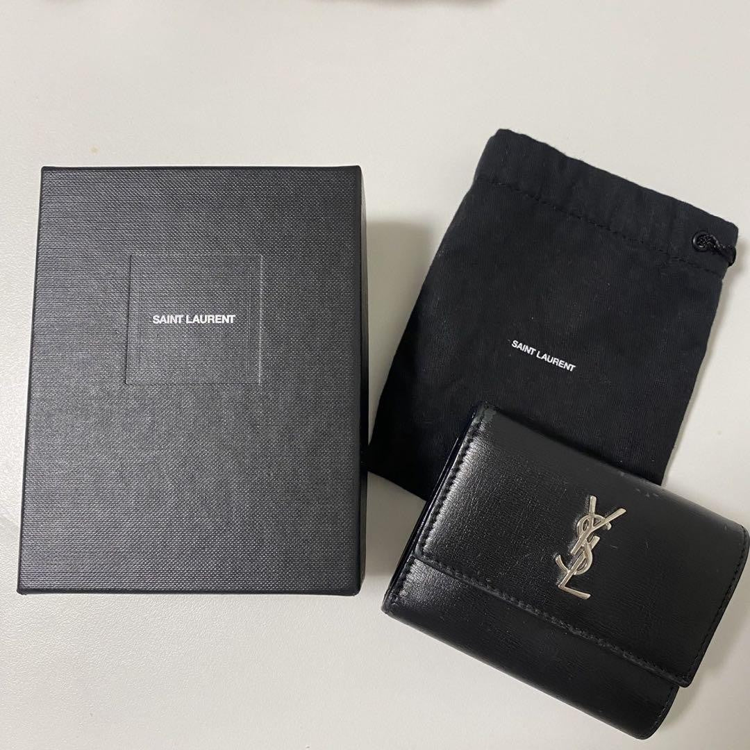Saint Laurent Tri-fold Wallet Compact Purse YSL Cassandra Leather Black Auth