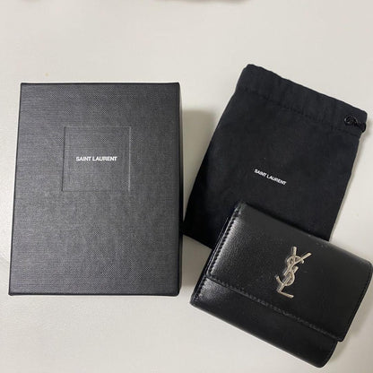 Saint Laurent Tri-fold Wallet Compact Purse YSL Cassandra Leather Black Auth