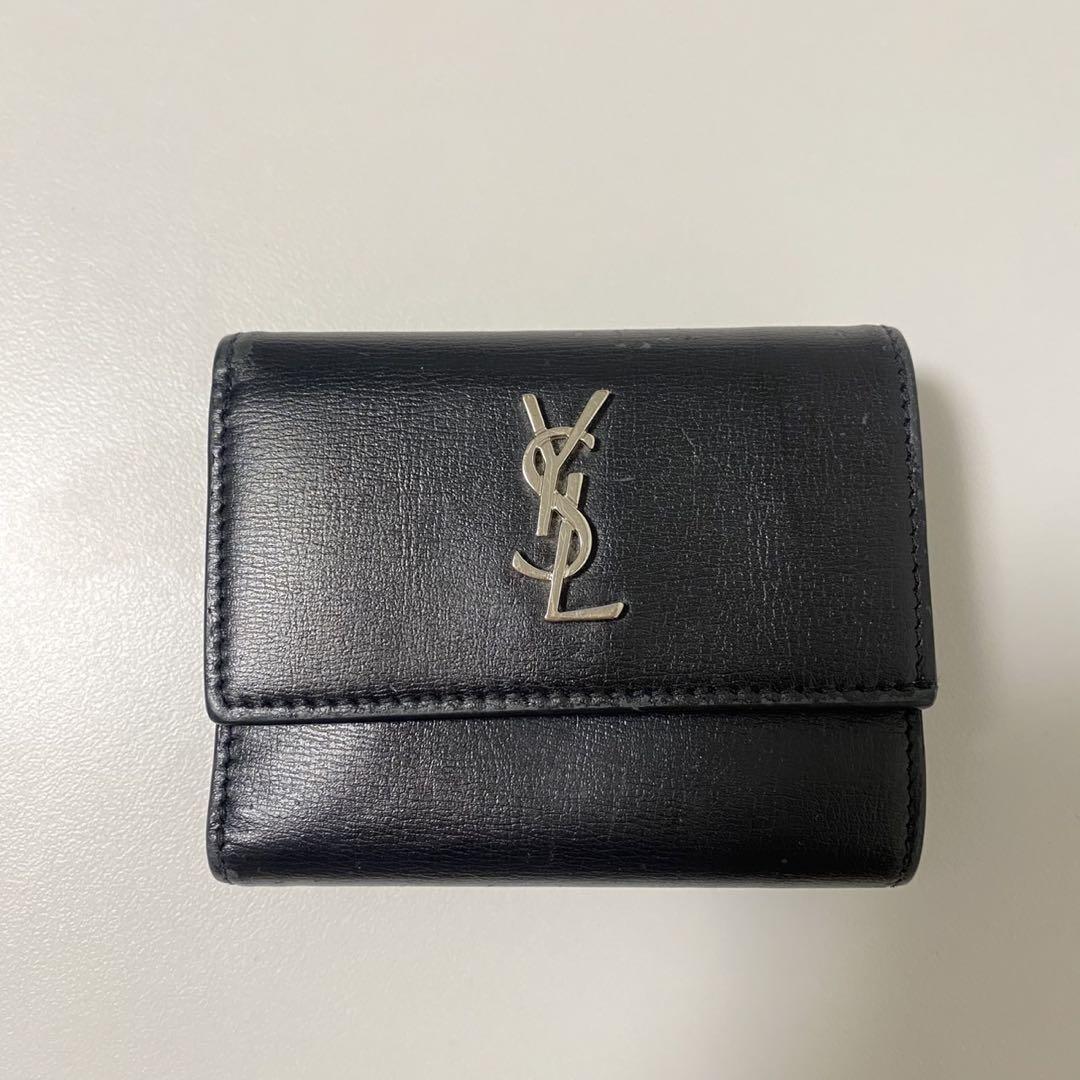 Saint Laurent Tri-fold Wallet Compact Purse YSL Cassandra Leather Black Auth