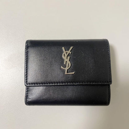 Saint Laurent Tri-fold Wallet Compact Purse YSL Cassandra Leather Black Auth