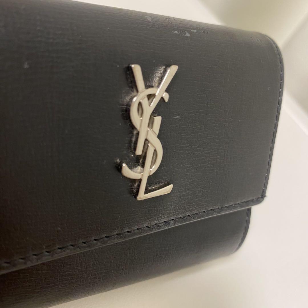 Saint Laurent Tri-fold Wallet Compact Purse YSL Cassandra Leather Black Auth
