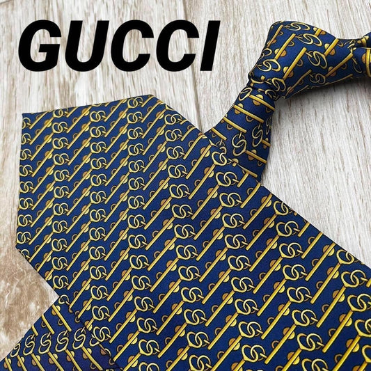 GUCCI Necktie Tie All over chain pattern Navy 100% Silk Geometric Made in Italy
