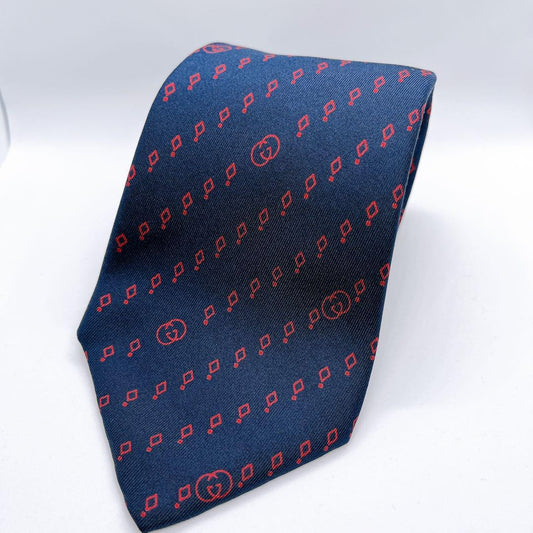 GUCCI Necktie Tie Blue All over logo pattern 100% Silk Geometric Made in Italy
